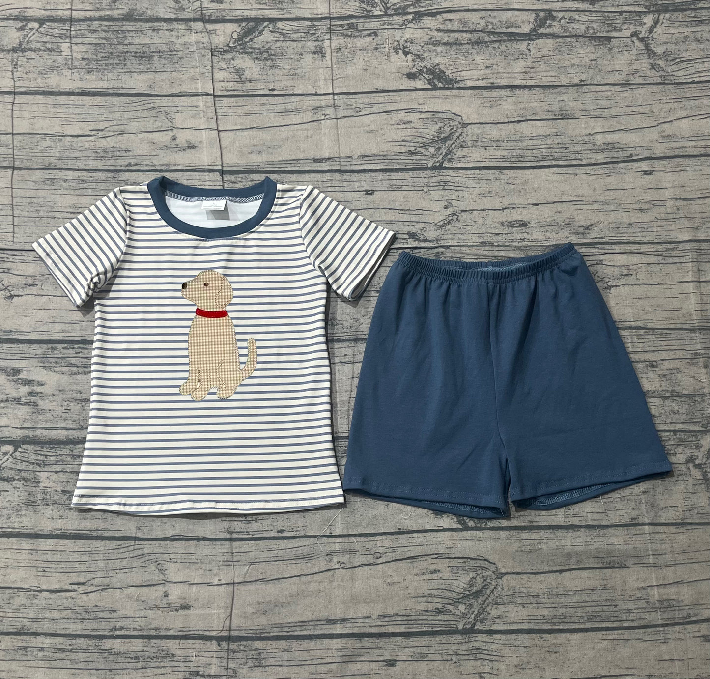 12.24 BSSO1745 Sample No Moq Embroidery Dogs Baby Boys Stripe Top Shorts Hunting Clothes Sets