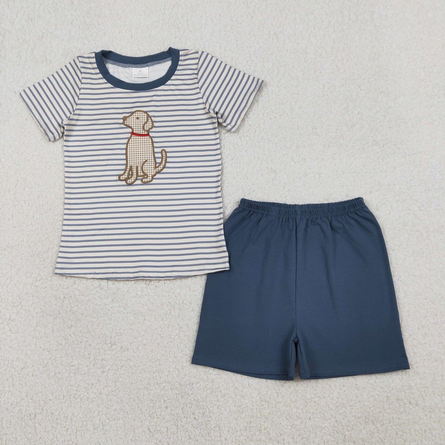 1.17 RTS NO MOQ （In stock）BSSO1745 Embroidery Dogs Baby Boys Stripe Top Shorts Hunting Clothes Sets
