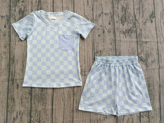 2.3 BSSO1753 Sample No Moq Baby Boys Blue Checked Pocket Top Shorts Pajamas Sets