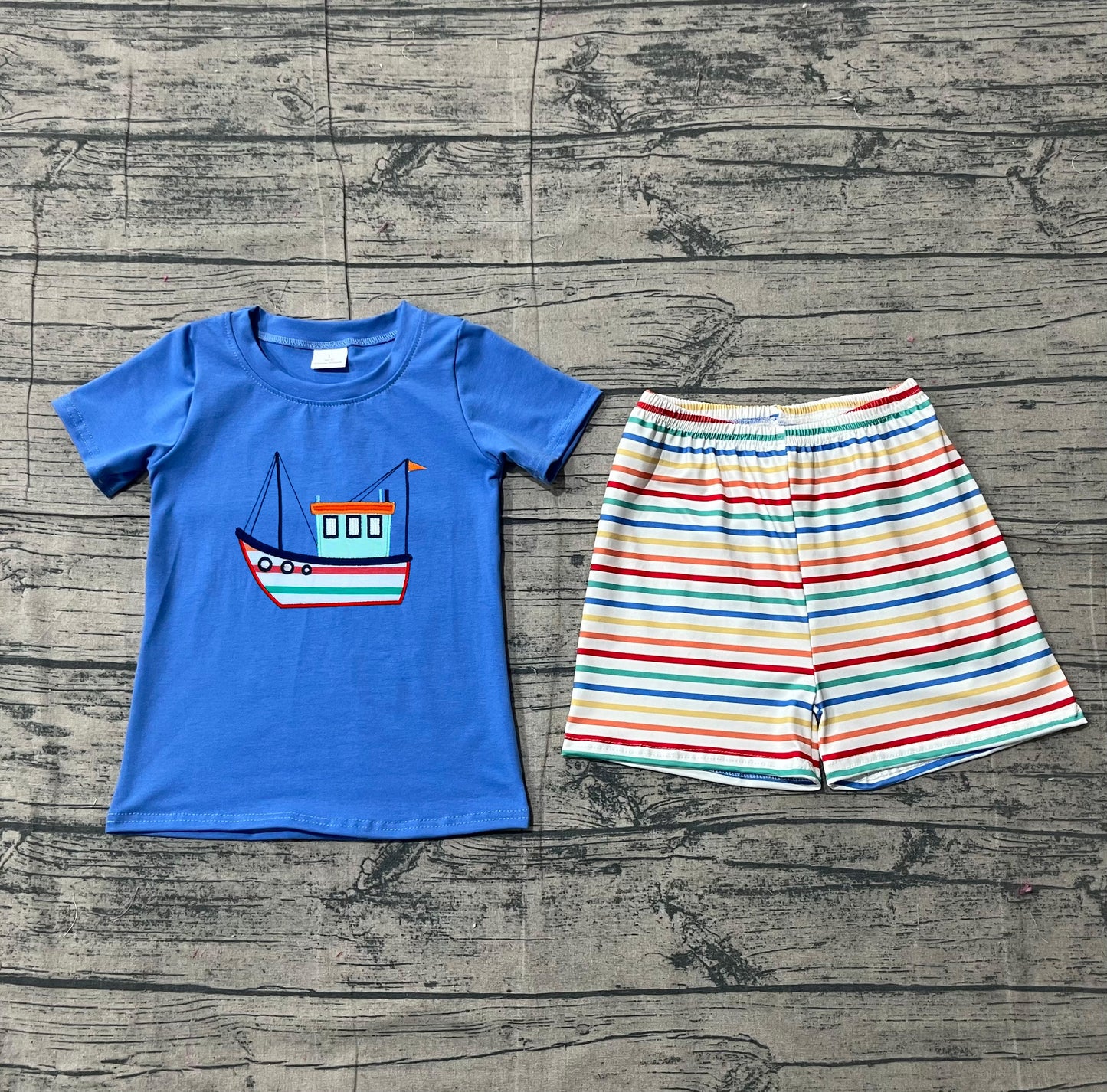 12.10 BSSO1754 Sample No Moq Embroidery Boats Baby Boys Blue Shirt Top Stripe Shorts Clothes Sets