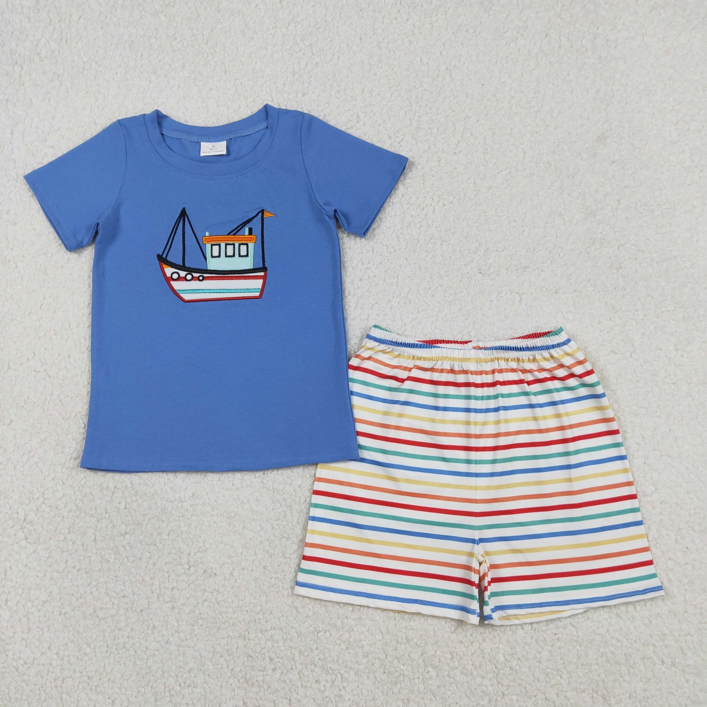 1.7 RTS NO MOQ （In stock）BSSO1754 Embroidery Boats Baby Boys Blue Shirt Top Stripe Shorts Clothes Set