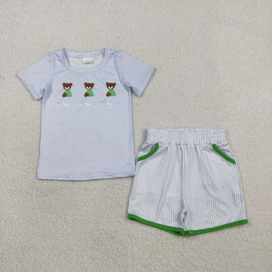 1.23 RTS NO MOQ （In stock）BSSO1757 Baby Boys Blue Bears Golf Top Pockets Stripe Shorts Clothes Sets