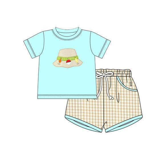 12.5 BSSO1760 Pre order No Moq Baby Boys Short Sleeve Hats Fishing Top Checked Pockets Shorts Hunting Clothes Sets