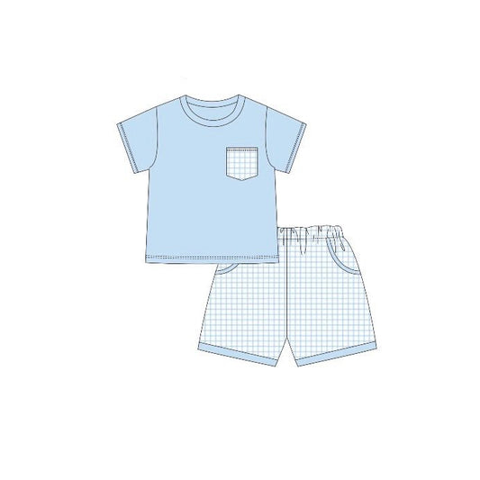 12.5 BSSO1762 Pre order No Moq Baby Boys Blue Short Sleeve Shirts Top Checked Pockets Shorts Clothes Sets