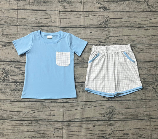 1.14 BSSO1762 Sample No Moq Baby Boys Blue Short Sleeve Shirts Top Checked Pockets Shorts Clothes Sets