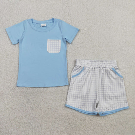2.3 RTS NO MOQ （In stock）BSSO1762 Baby Boys Blue Short Sleeve Shirts Top Checked Pockets Shorts Clothes Sets