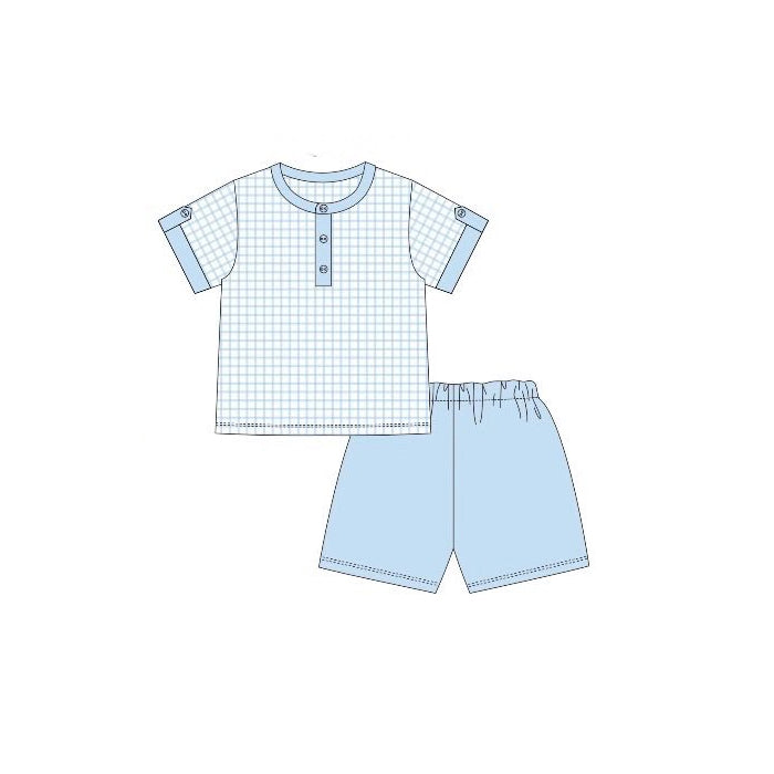 12.5 BSSO1763 Pre order No Moq Baby Boys Blue Short Sleeve Shirts Top Checked Pockets Shorts Clothes Sets