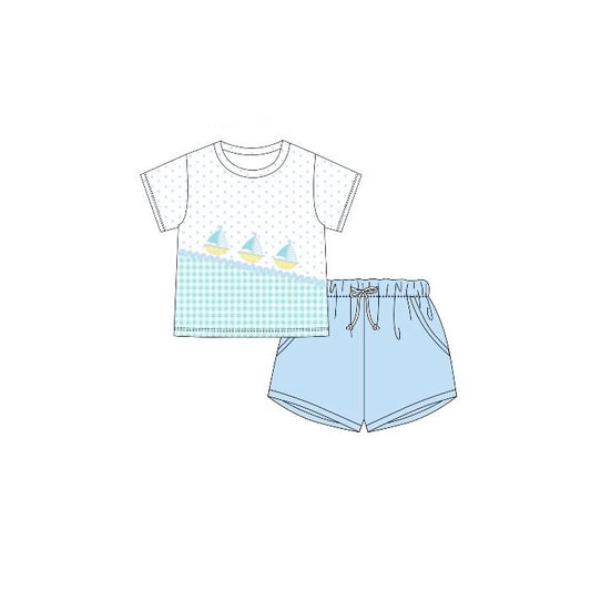 12.5 BSSO1764 Pre order No Moq Baby Boys Short Sleeve Boat Polka Dots Top Pockets Shorts Clothes Sets