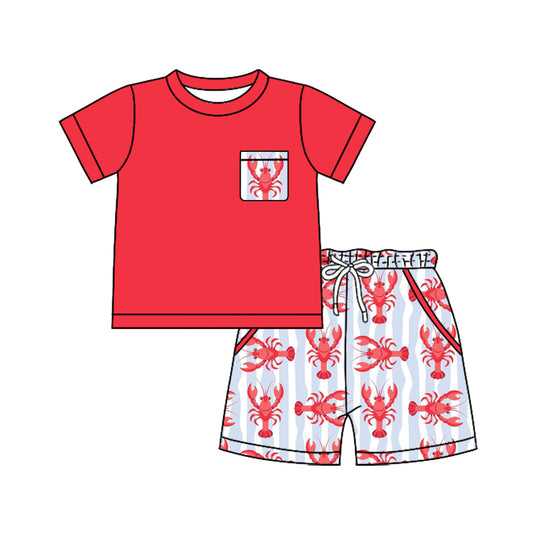12.5 BSSO1766 Pre order No Moq Baby Boys Red Shirts Top Crayfishes Pockets Shorts Clothes Sets