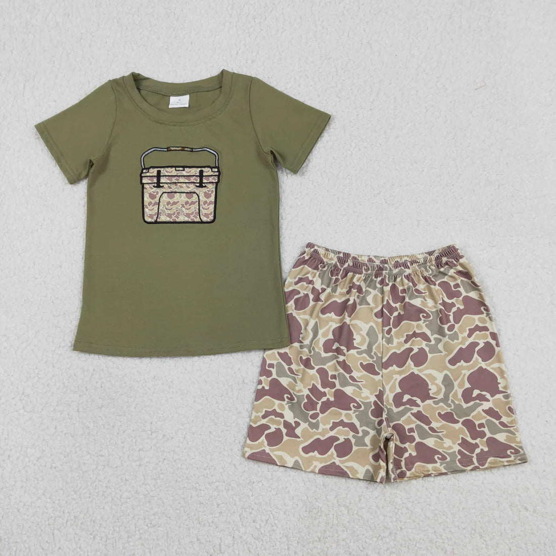 1.12 RTS Sibling Baby Boys Embroidery Southern Khaki Camo Boxes Short Hunting Clothes Set Rompers