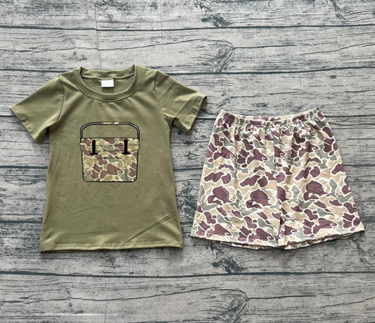 12.15 BSSO1767 Sample No Moq Embroidery Khaki Camo Boxes Baby Boys Green Top Shorts Hunting Clothes Sets