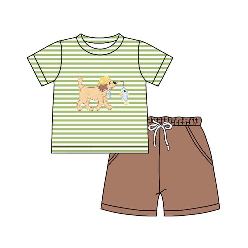 12.5 BSSO1768 Pre order No Moq Baby Boys Green Stripe Dog Fishes Top Pockets Shorts Hunting Clothes Sets