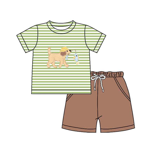 12.5 BSSO1768 Pre order No Moq Baby Boys Green Stripe Dog Fishes Top Pockets Shorts Hunting Clothes Sets