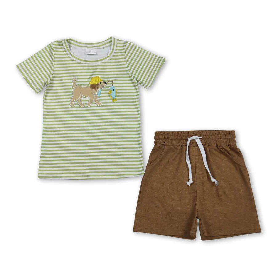 RTS Sibling Stripe dog fishing embroidery top shorts kids boys outfits and romper