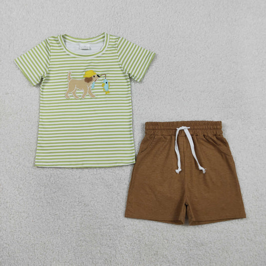 1.27 RTS NO MOQ （In stock）BSSO1768 Embroidery Dog Fishes Baby Boys Green Stripe Top Pockets Shorts Hunting Clothes Sets