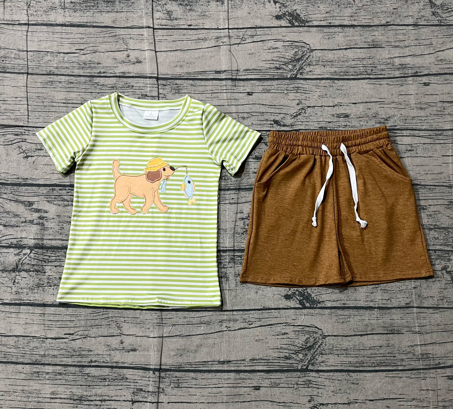 12.26 BSSO1768 Sample No Moq Embroidery Dog Fishes Baby Boys Green Stripe Top Pockets Shorts Hunting Clothes Sets