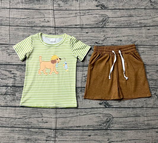 12.26 BSSO1768 Sample No Moq Embroidery Dog Fishes Baby Boys Green Stripe Top Pockets Shorts Hunting Clothes Sets