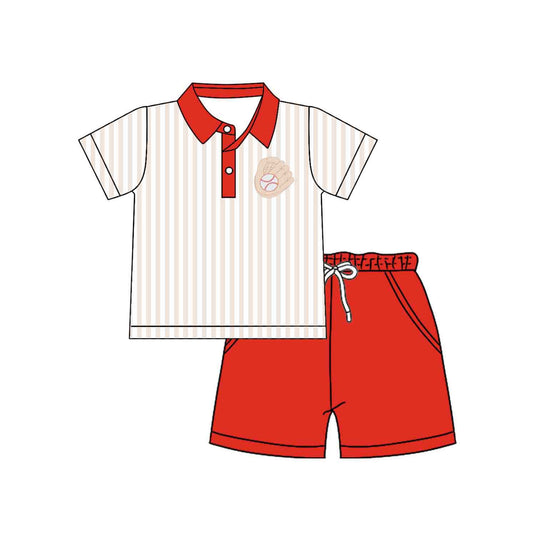 12.5 BSSO1769 Pre order No Moq Baby Boys Baseballs Stripe Button Polo Shirt Pockets Shorts Team Clothes Set