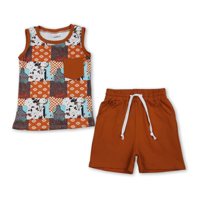 RTS Sibling Sleeveless bull skull top shorts western boys outfits