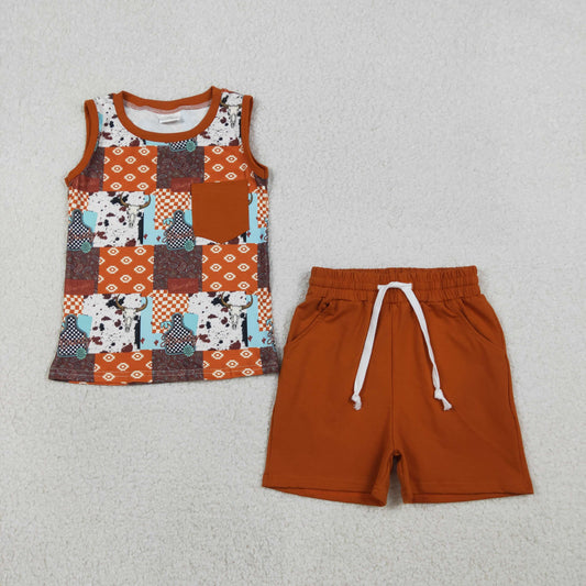 1.22 RTS NO MOQ （In stock）BSSO1773 Baby Boys Aztec Null Skulls Checked Top Pockets Shorts Western Clothes Sets