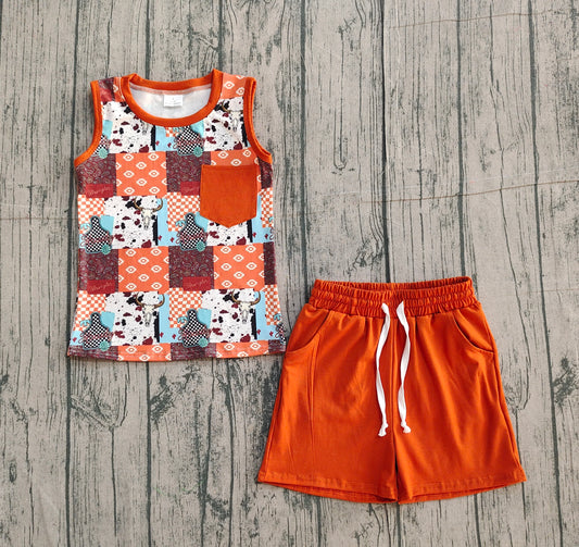 12.23 BSSO1773 Sample No Moq Baby Boys Aztec Null Skulls Checked Top Pockets Shorts Western Clothes Sets