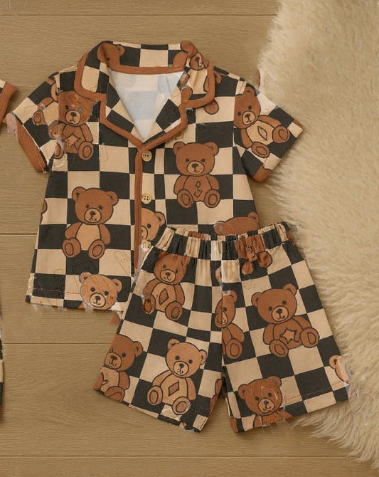 12.9 BSSO1774 Pre order No Moq Baby Boys Black Checked Bears Bears Button Top Shorts Pajamas Sets