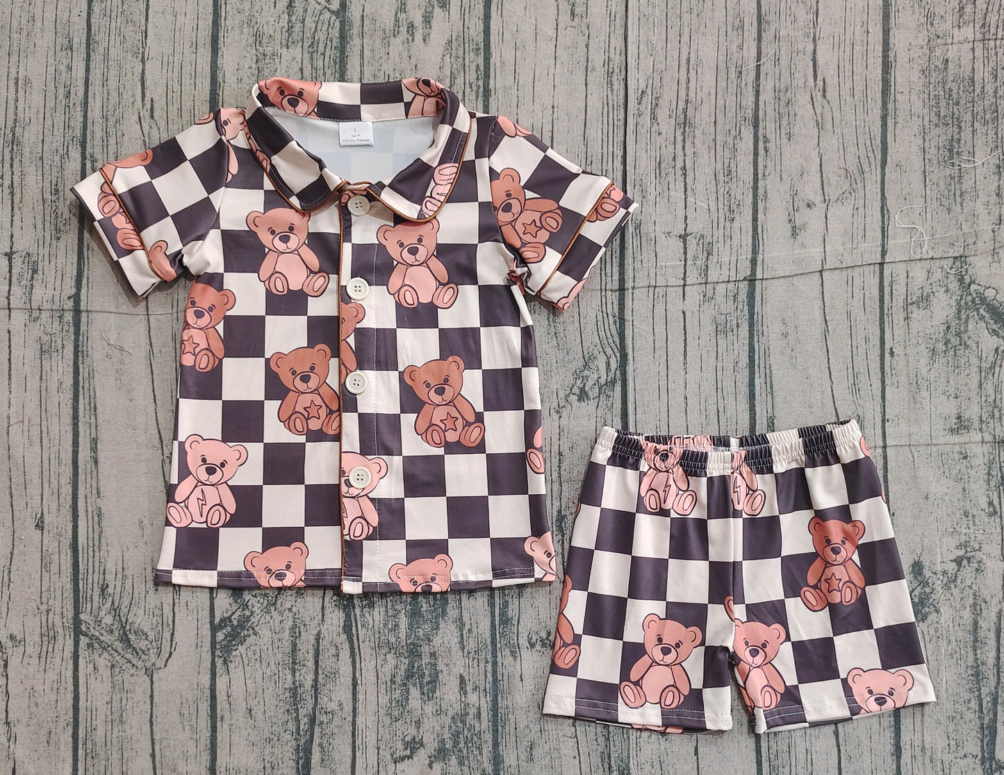 12.17 BSSO1774 Sample No Moq Baby Boys Black Checked Bears Bears Button Top Shorts Pajamas Sets