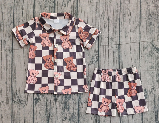 12.17 BSSO1774 Sample No Moq Baby Boys Black Checked Bears Bears Button Top Shorts Pajamas Sets