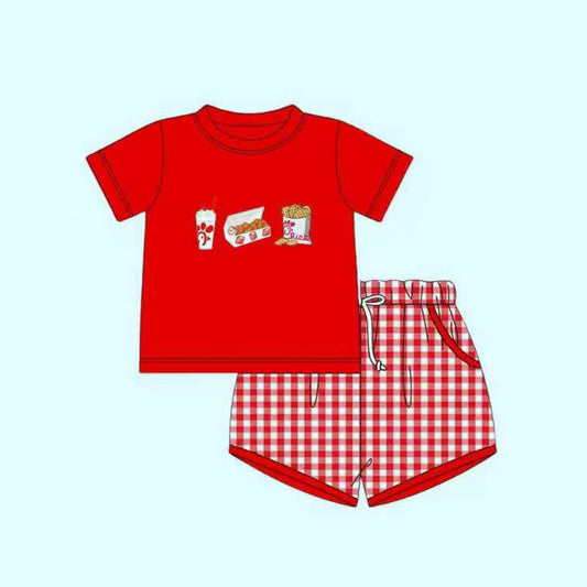 12.9 BSSO1775 Pre order No Moq Baby Boys Red Chip Chicken Top Checked Pockets Shorts Clothes Sets