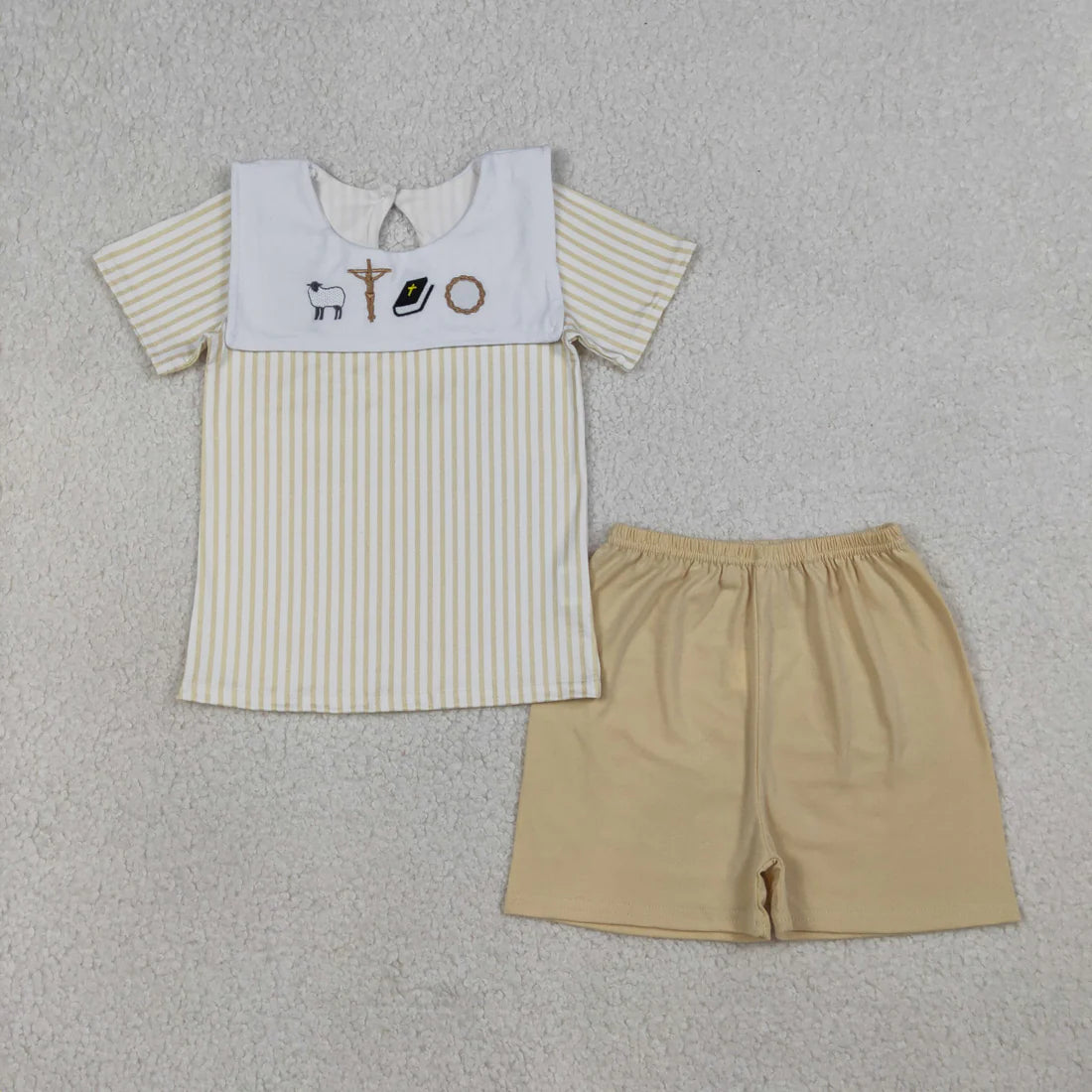 3.20 RTS Sibling Baby Kids Embroidery Cross Sheep Stripe Top Short Clothes Set Rompers