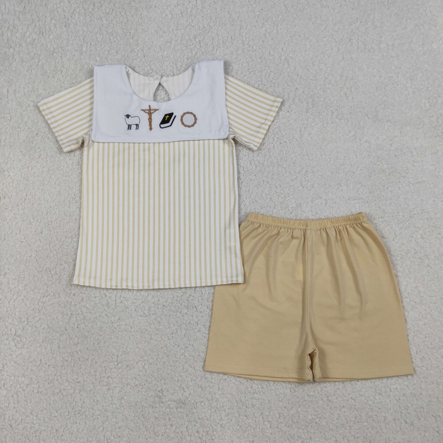 3.19 RTS NO MOQ （In stock）BSSO1777 Fashion Clothing For Baby Boys Embroidery Cross Sheep Stripe Top Shorts Clothes Sets