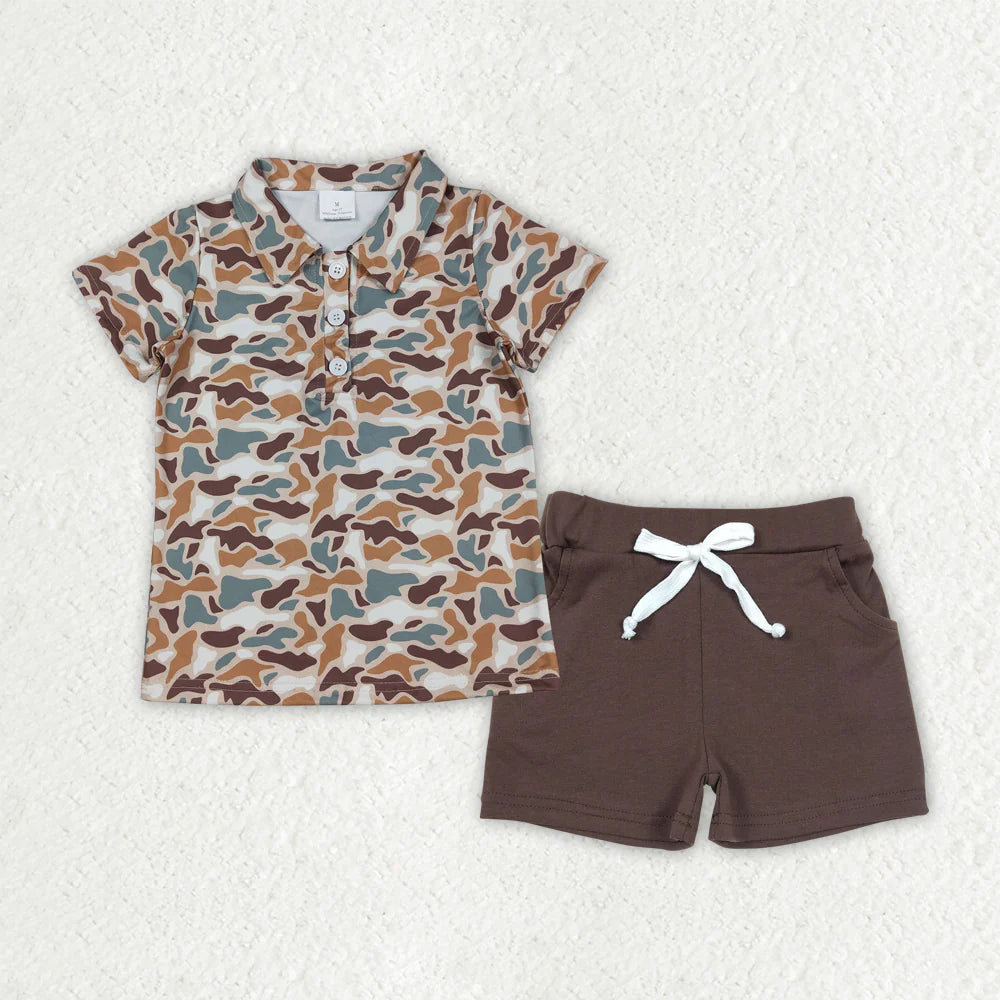 12.19 RTS Sibling Baby Boys Deer Ducks Camo Button Polo Shirts Pockets Shorts Hunting Clothes Set