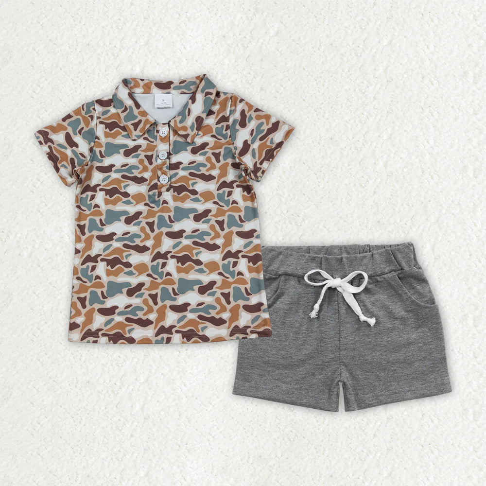 12.19 RTS Sibling Baby Boys Deer Ducks Camo Button Polo Shirts Pockets Shorts Hunting Clothes Set