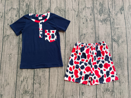 1.5 BSSO1783 Sample No Moq Baby Boys Red Blue Cow Print Pocket Button Top Shorts 4th of July Clothes Sets