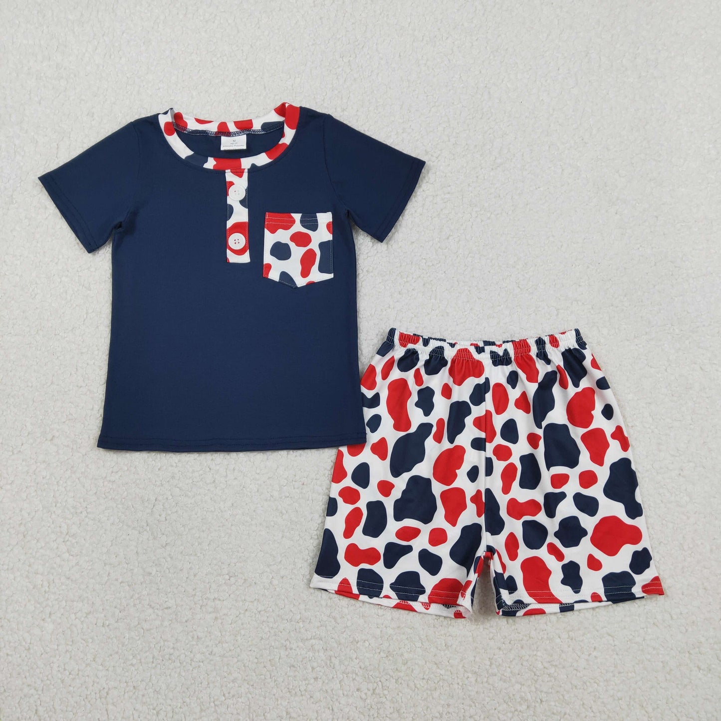 1.27 RTS NO MOQ （In stock）BSSO1783 Baby Boys Red Blue Cow Print Pocket Button Top Shorts 4th of July Clothes Sets