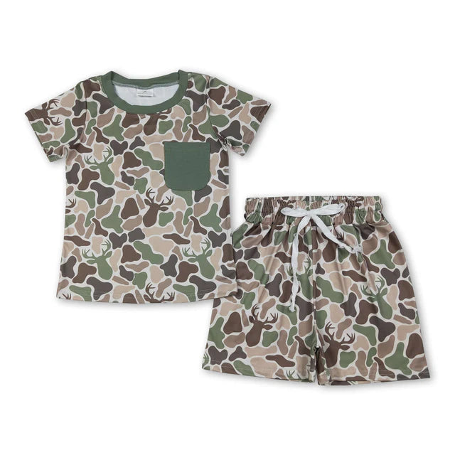 RTS Sibling Sibling Baby Boys Short Sleeve Deer Ducks Camo Pockets Top Short Hunting Clothes Sets