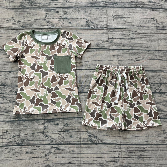 3.16 BSSO1792 Sample No Moq Summer Baby Boys Short Sleeve Green Deer Camo Pocket Top Shorts Hunting Clothes Sets
