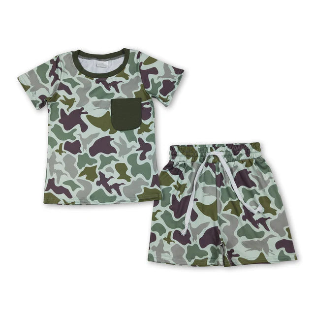 RTS Sibling Sibling Baby Boys Short Sleeve Deer Ducks Camo Pockets Top Short Hunting Clothes Sets