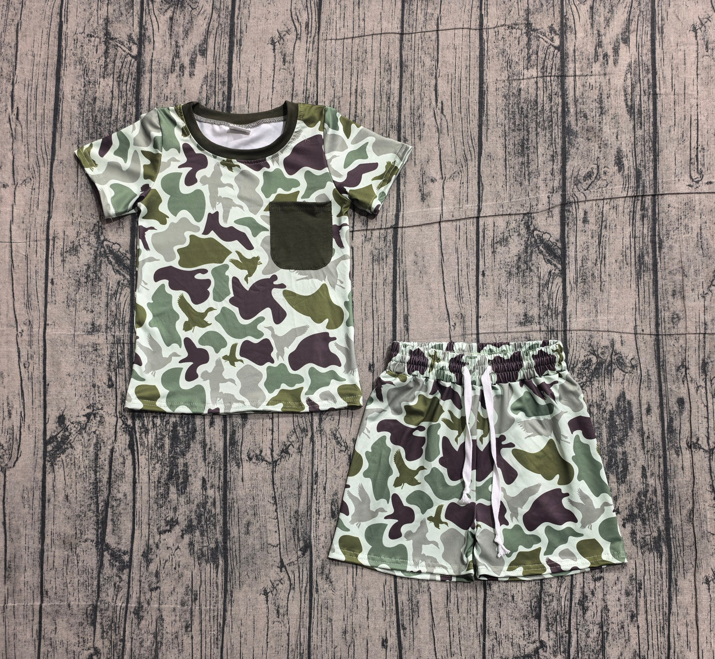 4.1 BSSO1793 Sample No Moq Baby Boys Southern Green Ducks Camo Pocket Top Shorts Hunting Clothes Sets Preorder