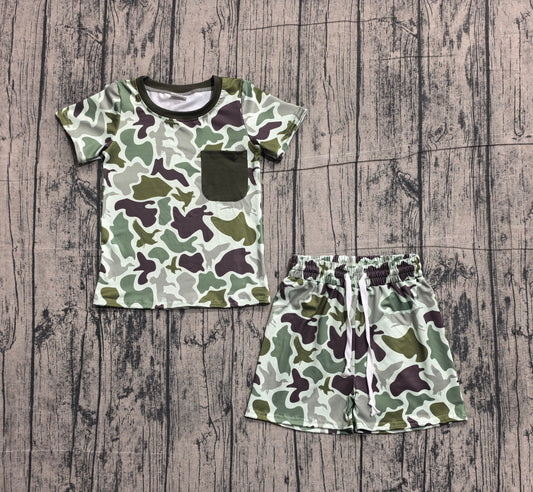 4.1 BSSO1793 Sample No Moq Baby Boys Southern Green Ducks Camo Pocket Top Shorts Hunting Clothes Sets Preorder