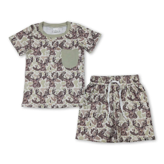 RTS Sibling Sibling Baby Boys Short Sleeve Deer Ducks Camo Pockets Top Short Hunting Clothes Sets