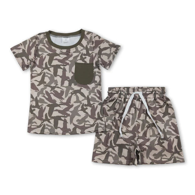 RTS Sibling Sibling Baby Boys Short Sleeve Deer Ducks Camo Pockets Top Short Hunting Clothes Sets