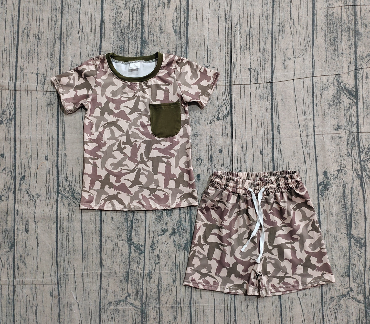 1.23 BSSO1795 Sample No Moq Baby Boys Southern Ducks Camo Pocket Top Shorts Hunting Clothes Sets