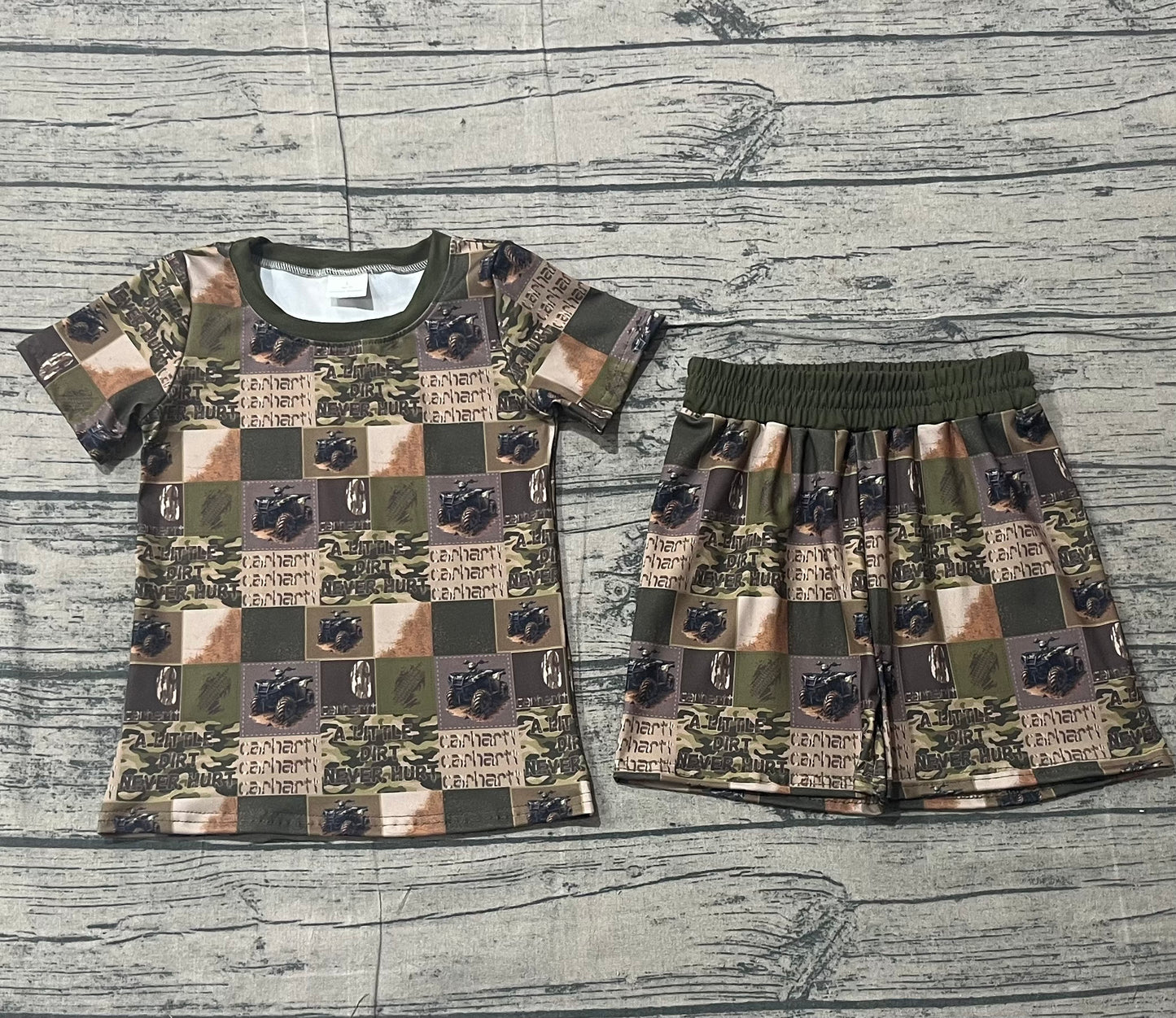 12.24 BSSO1801 Sample No Moq Baby Boys Green Truck Top Shorts Clothes Sets
