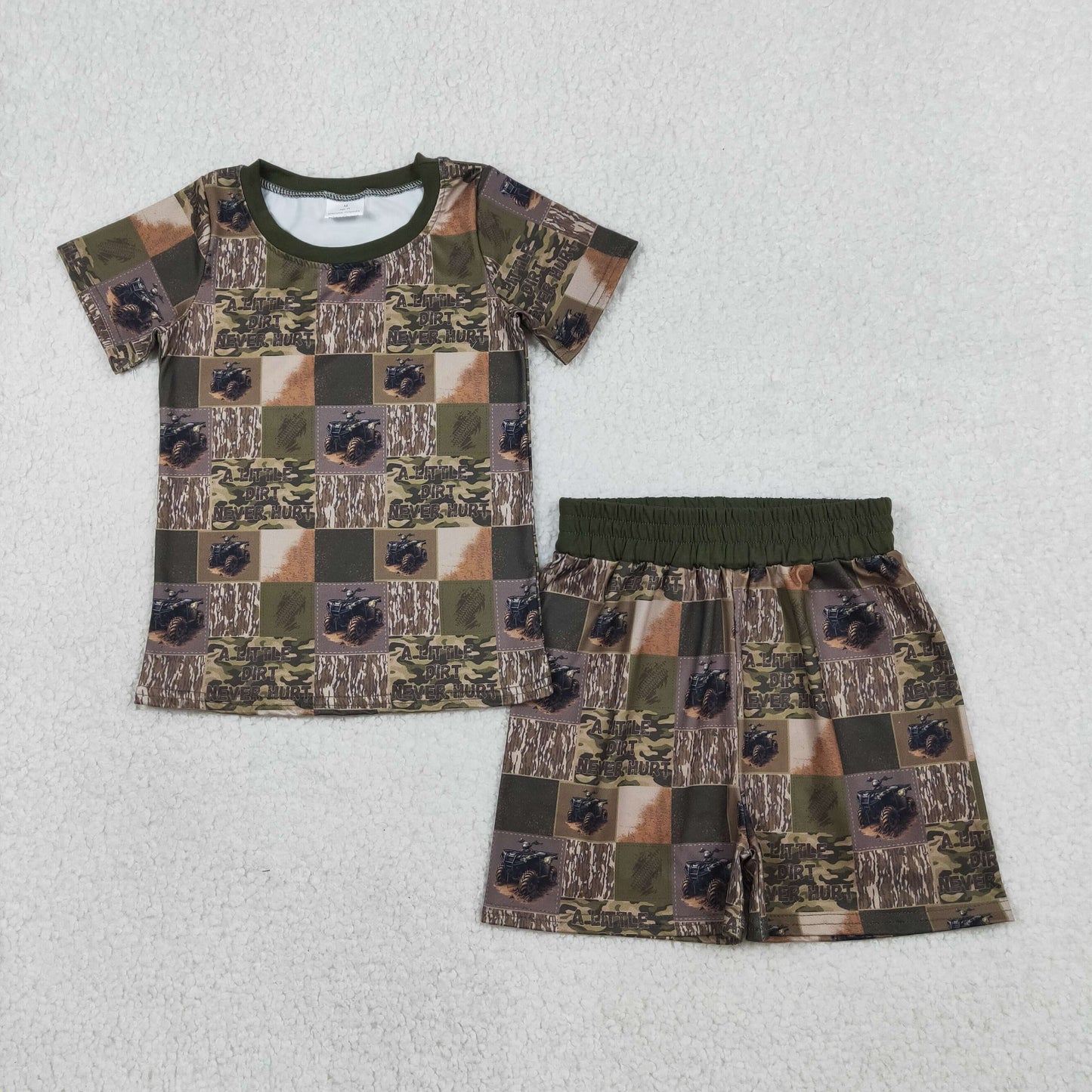 1.15 RTS NO MOQ （In stock）BSSO1801 Baby Boys Southern Olive Camo Checked Top Shorts Hunting Pajamas Sets