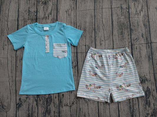 3.24 BSSO1802 Sample No Moq Summer Baby Boys Short Sleeve Blue Button Pockets Top Ducks Stripe Shorts Hunting Clothes Sets