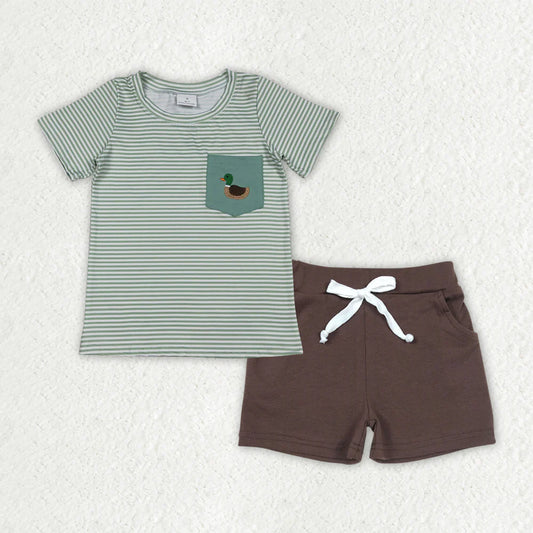 1.15 RTS NO MOQ （In stock） BSSO1807 Baby Boys Green Stripe Embroidery Ducks Top Pockets Shorts Hunting Clothes Sets
