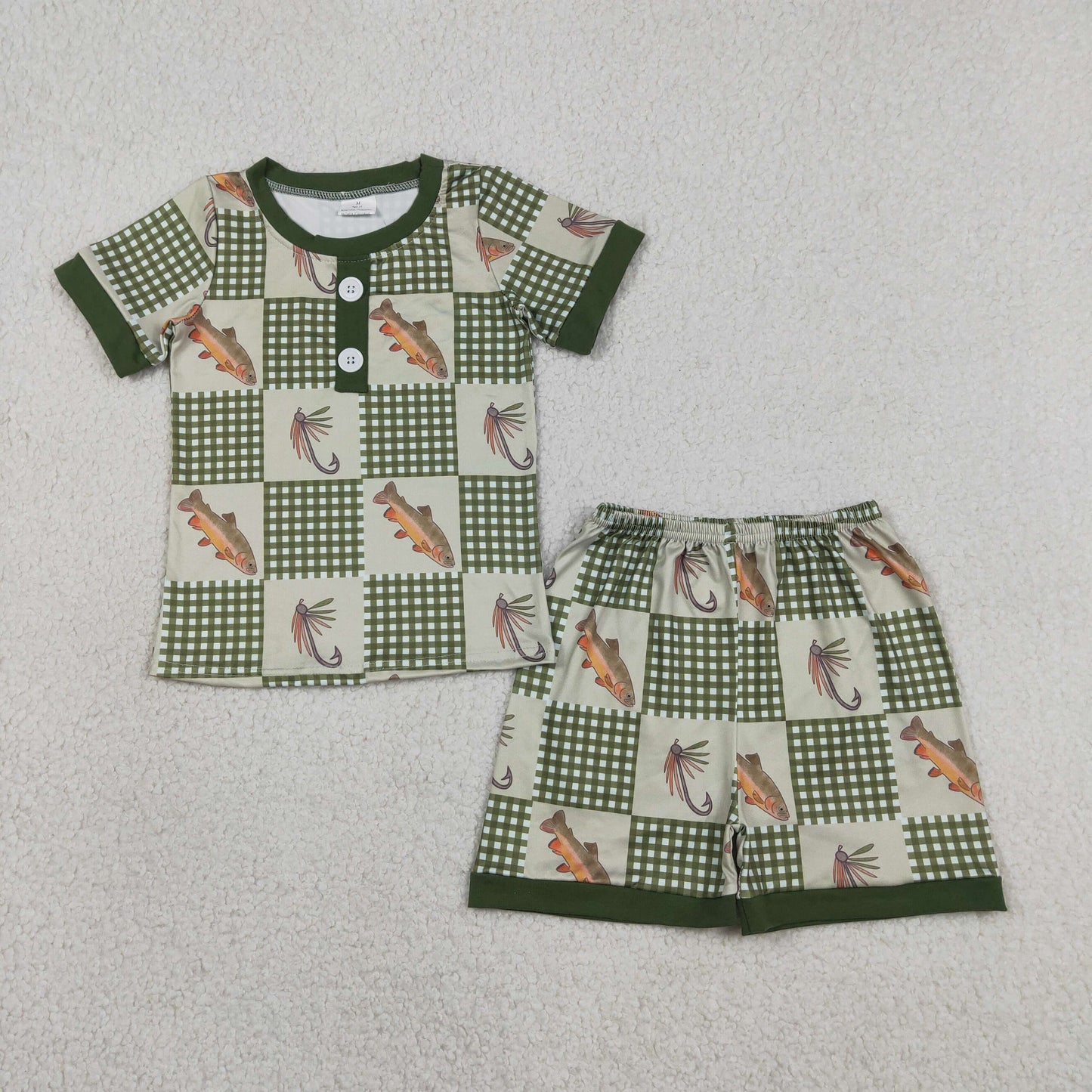BSSO1817 RTS NO MOQ （In stock ）Short sleeves plaid fish top shorts kids boys outfits  ReviewsClothes（副本）