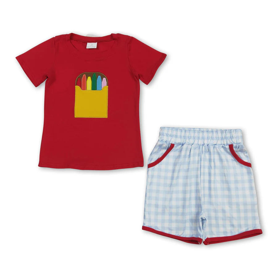 RTS Sibling Baby Boys Girls Embroidery Apple Pencils Pockets Short Back to School Sets