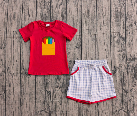 1.7 BSSO1819 Sample No Moq Embroidery Pencils Baby Boys Checked Pockets Short Back to School Clothes Sets